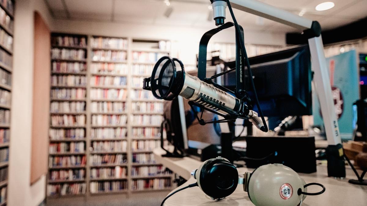 Microphone and headset inside KRTU recording room.